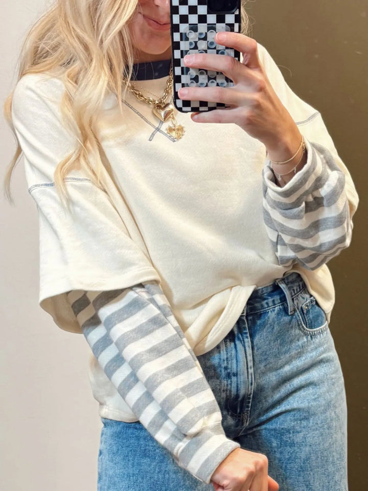 Striped Patchwork Long Sleeve Round Neck Two-in-one Top