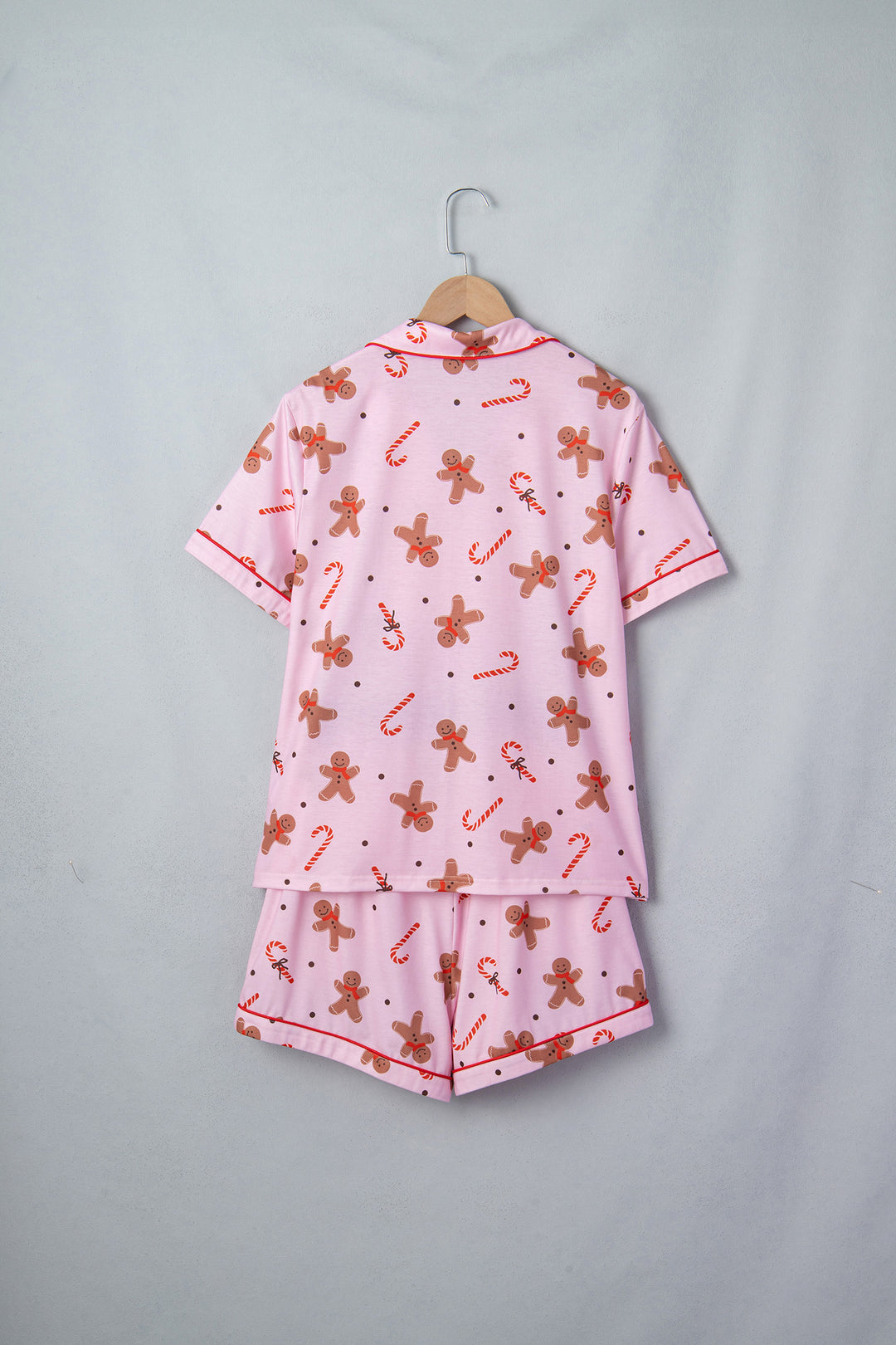 Pink Short Sleeve Placket Shell Button Elastic Waist Lounge Set