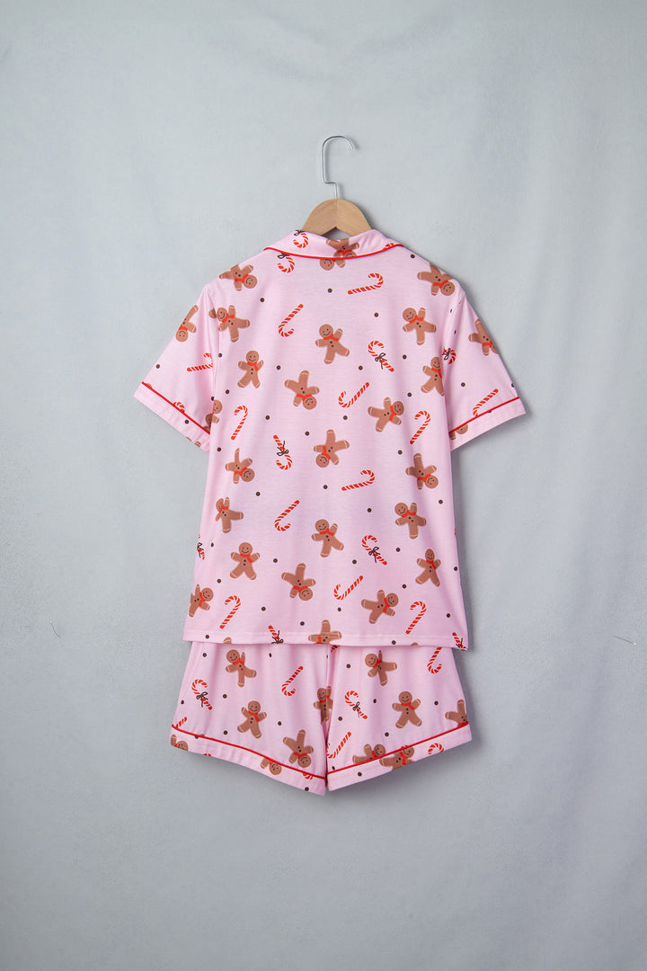Pink Short Sleeve Placket Shell Button Elastic Waist Lounge Set