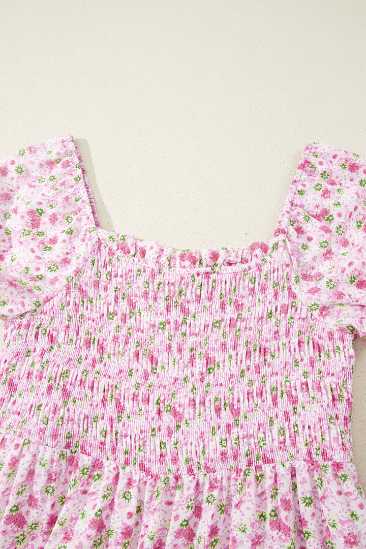 Pink Floral Short Bubble Sleeve Shirred High Waist Maxi Dress