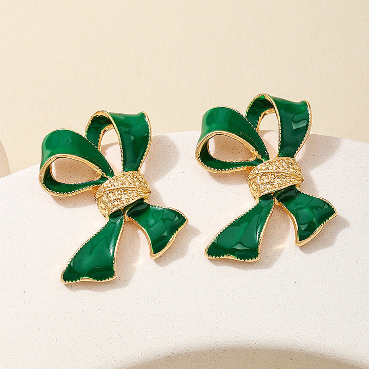 Dripping Oil Green Bow Womens Earrings