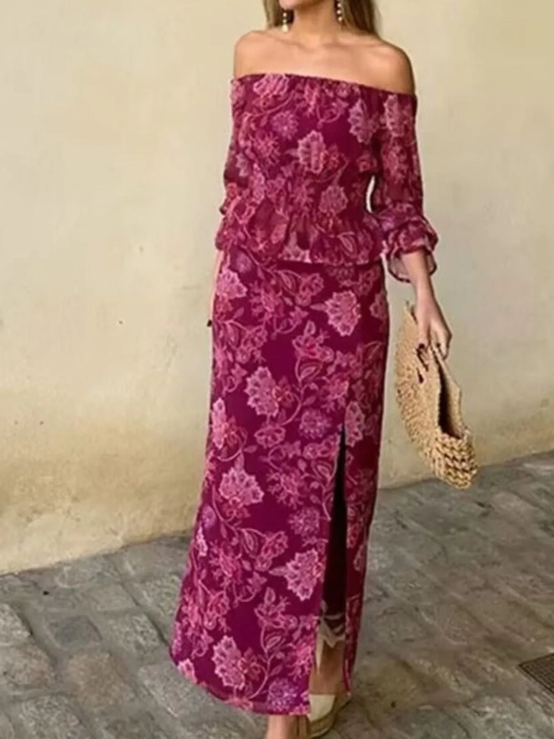 Printed Flounce Sleeve Top and Slit Skirt Set