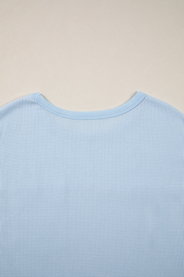 Light Blue Solid Color Raw Seam Waffled Patchwork Casual T Shirt