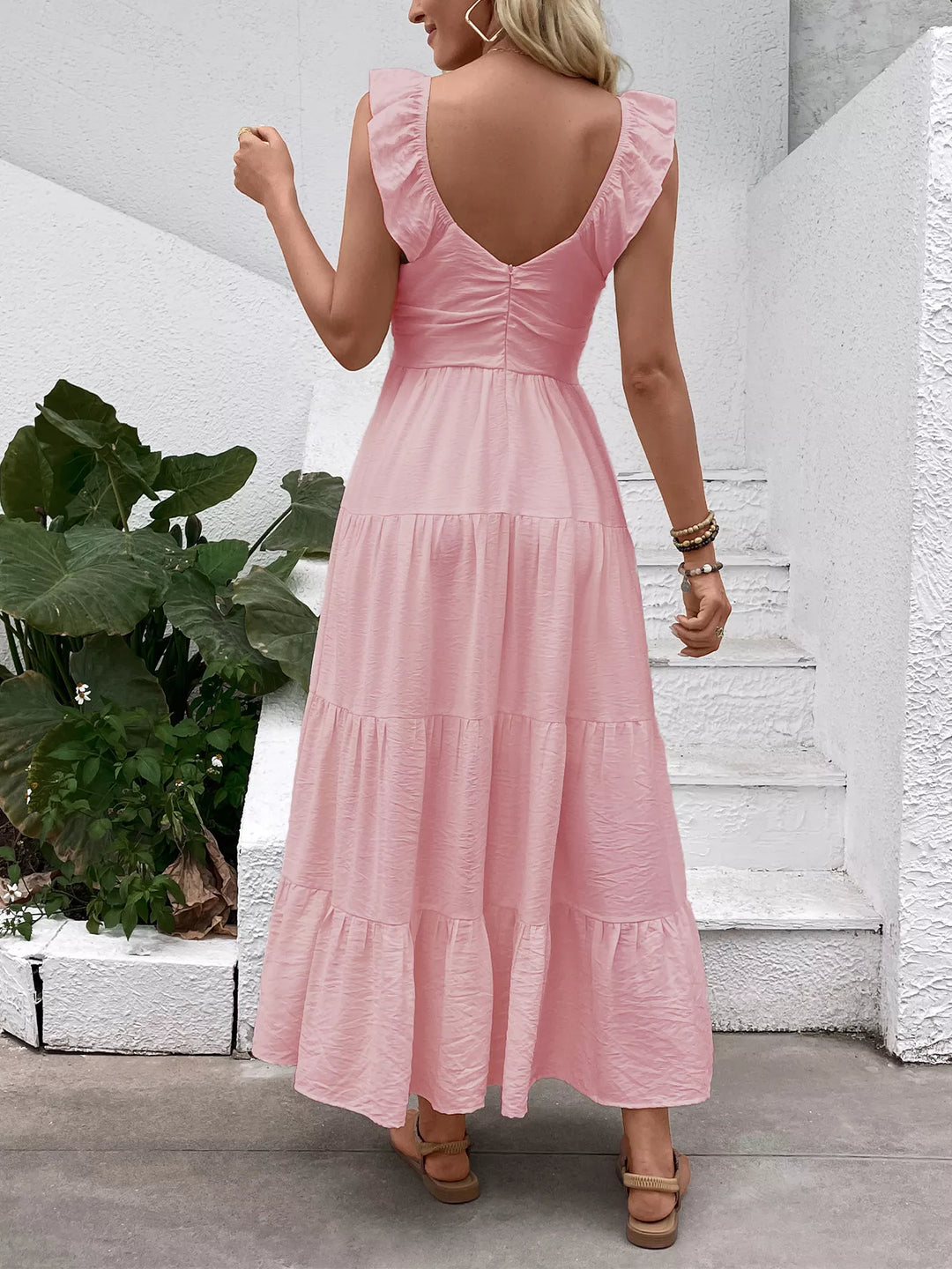 V-Neck Tiered Dress with Flutter Sleeves