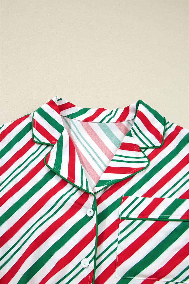 Green Stripe Contrast Velvet Ribbon Knot Christmas 2pcs Pajama Set
