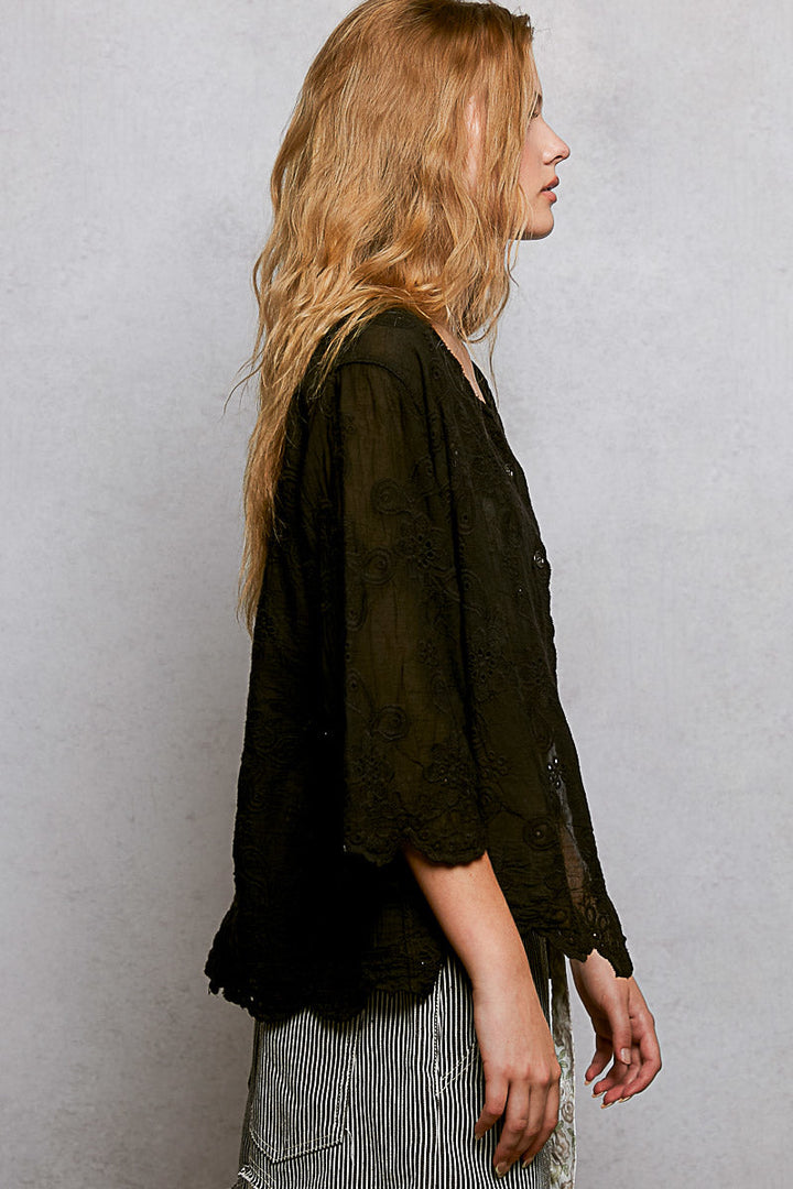 POL Floral Eyelet V-Neck Salloped Shirt