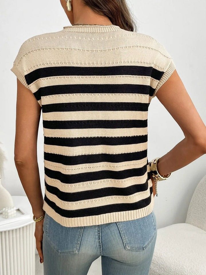 Striped Mock Neck Cap Sleeve Knit Top