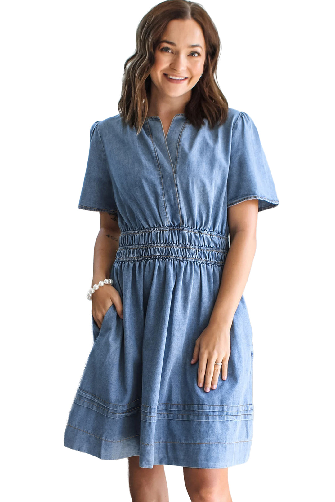 Myosotis Elastic Waist Short Sleeve Denim Mini Dress