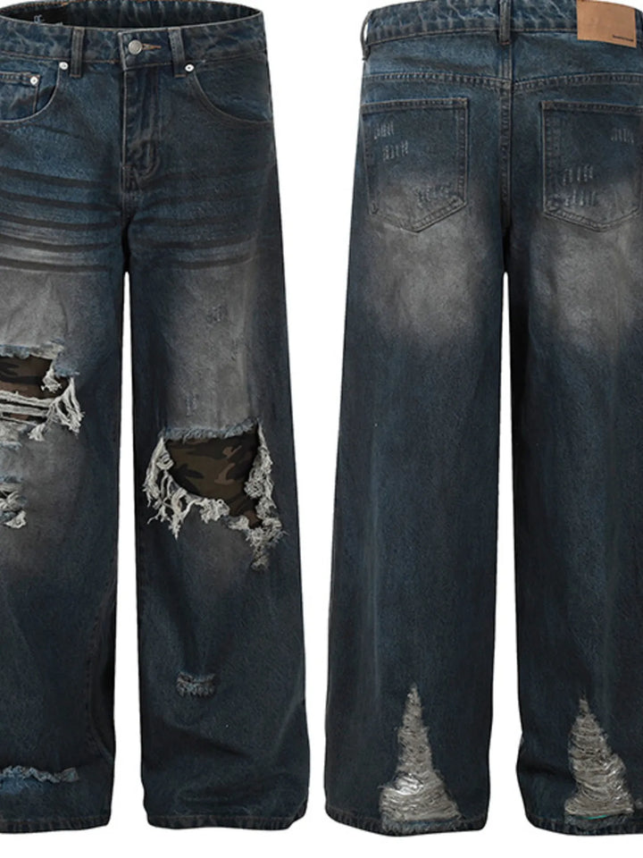 Men's Distressed Wide-Leg Wash Jeans