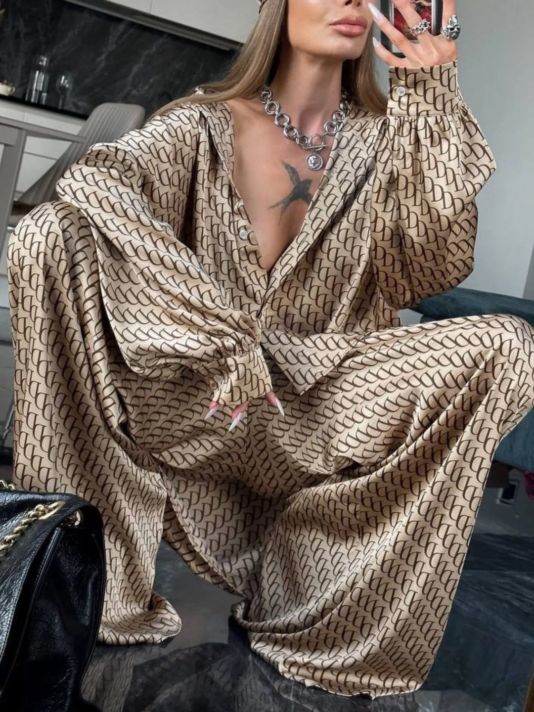 Printed Button Up Shirt and Pants Set