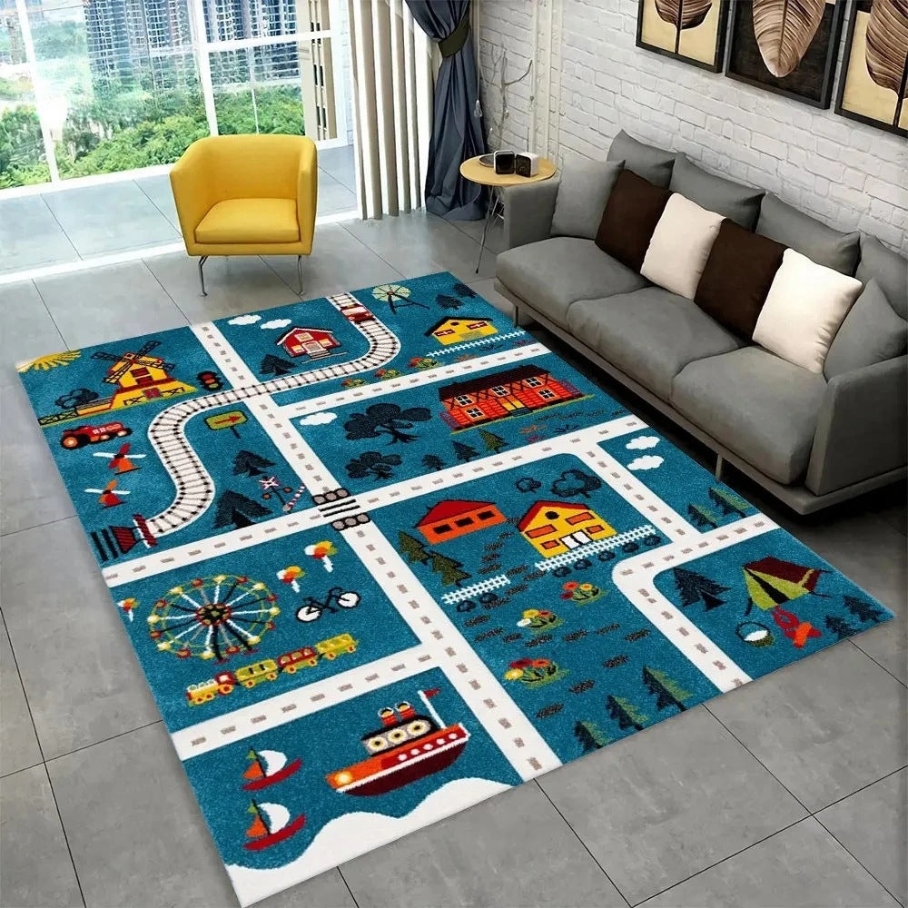 Fun Racing Track Flannel Floor Mat Non-Slip Home Decor Rug For Kids Rooms And Play Areas