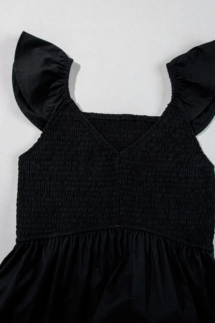 V Neck Ruffled Cap Sleeve Smocked Maxi Dress