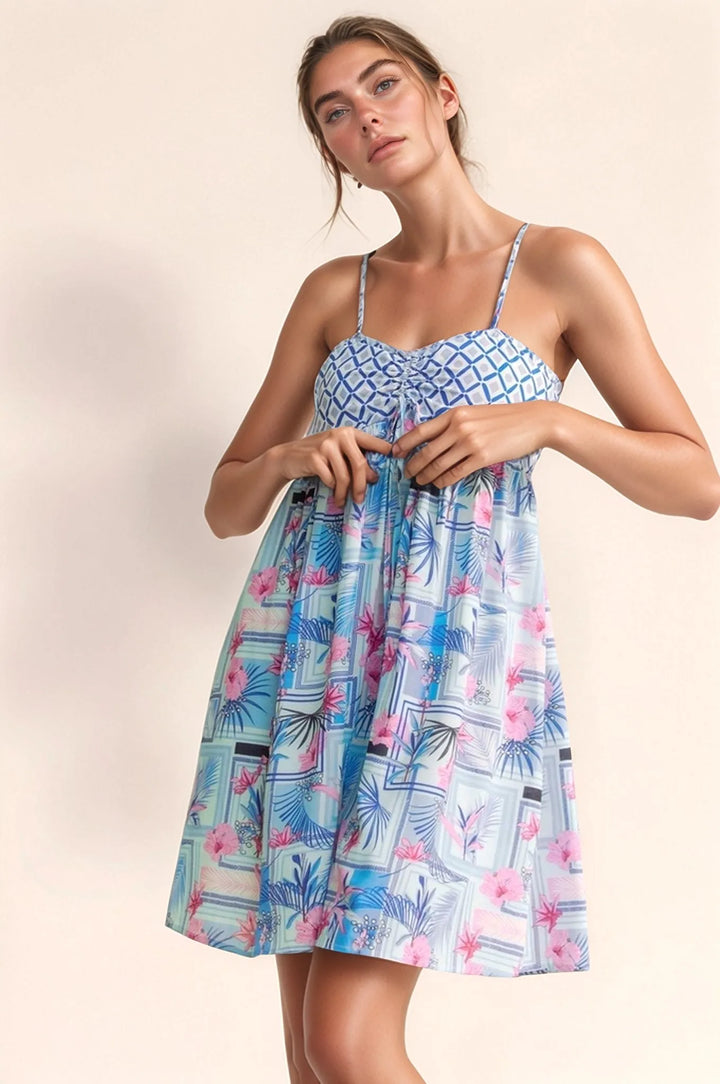 Davi & Dani Tropical Floral Geo Print Tie Back Tube Top Romper