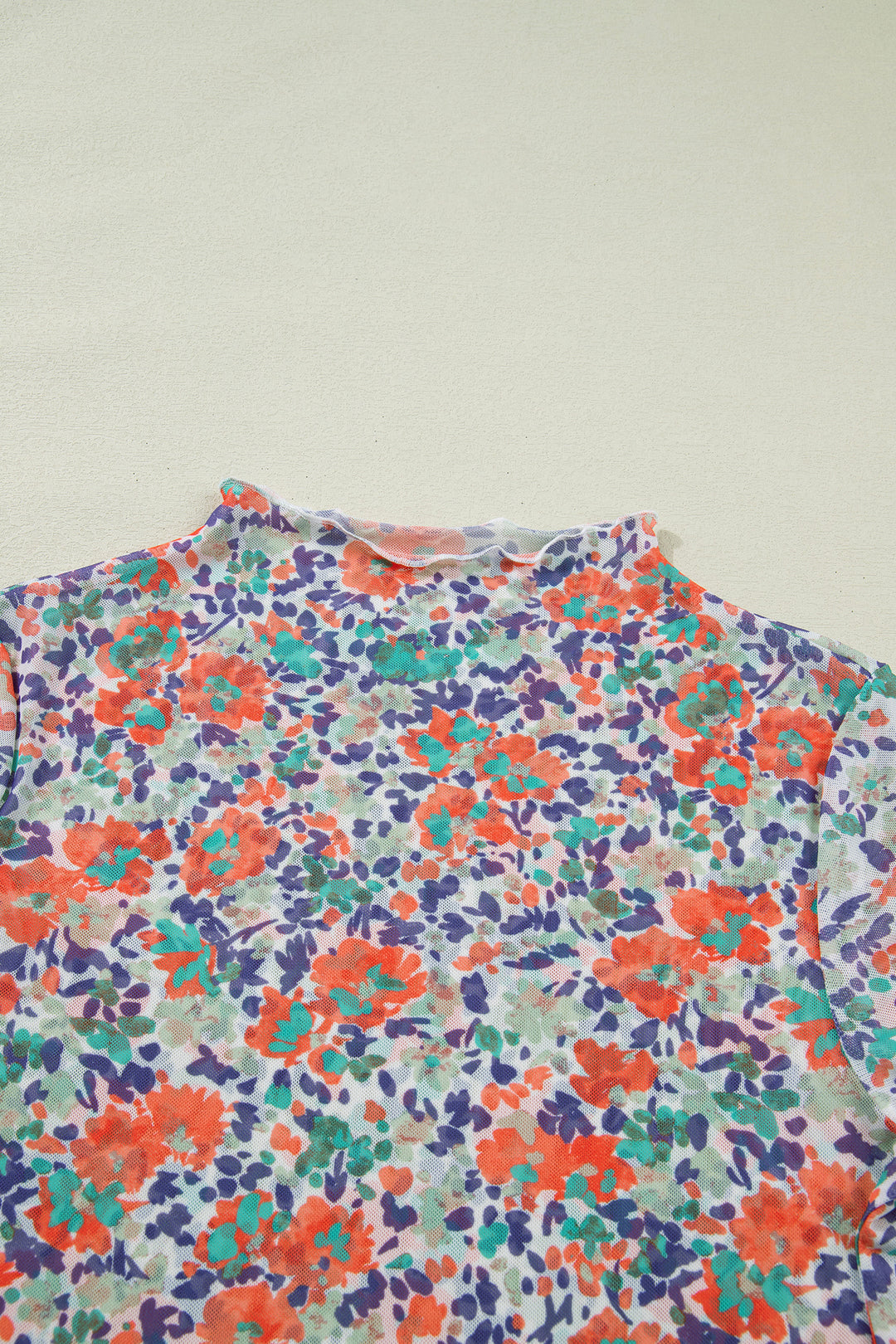 Blue Slim Fit Floral Mesh Long Sleeve Mock Neck Top
