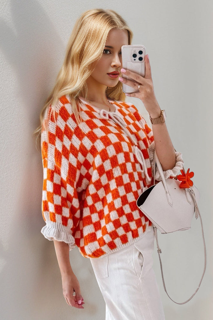 Back To School Sweater - Double Take Tied Checkered Dropped Shoulder Flounce Sleeve Cardigan