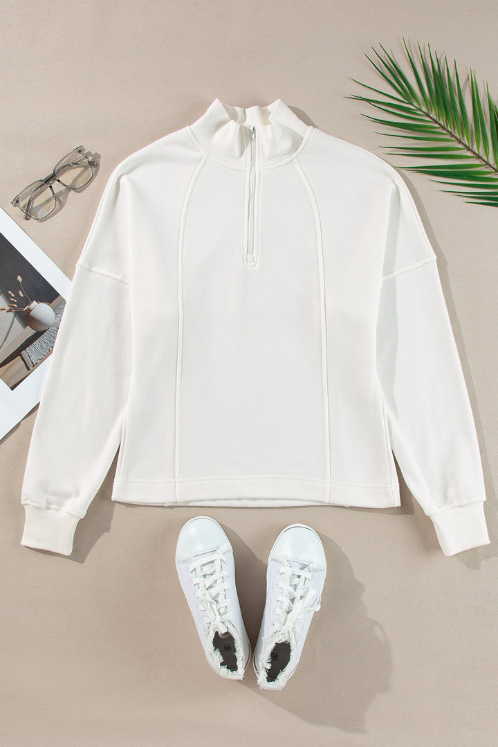 White Zipped Neck Pullover Drop Shoulder Sweatshirt
