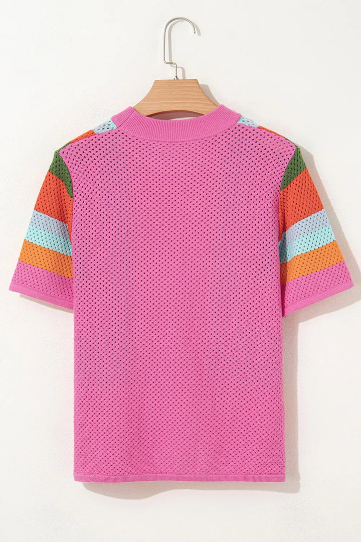 Color Block Eyelet Casual Knit Top