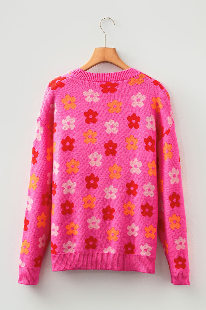 Rose Cute Flower Allover Ribbed Trimmed Drop Shoulder Pullover Sweater