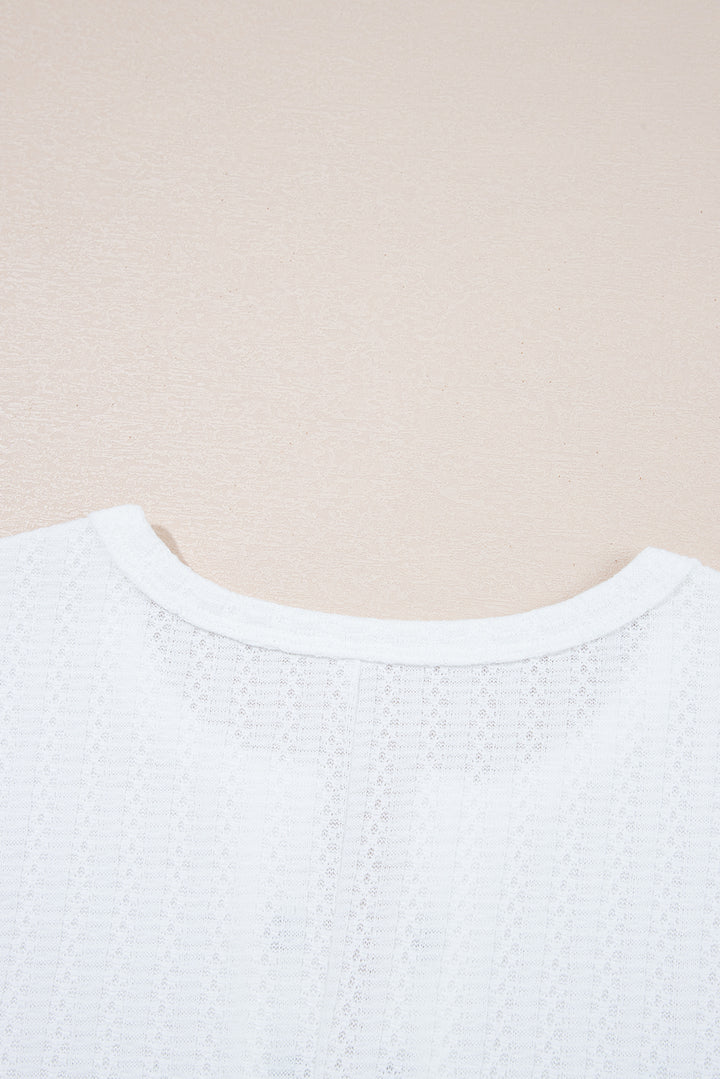 White Textured Hollow Grommet Placket Split Neck Short Sleeve Top