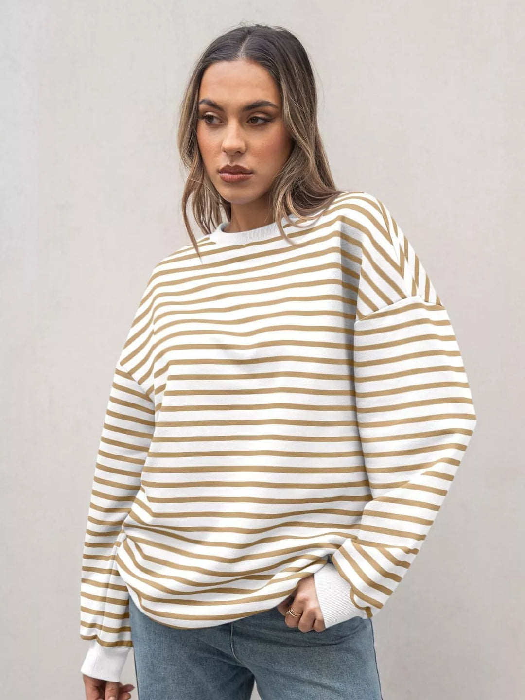Striped Round Neck Oversized Casual Sweatshirt