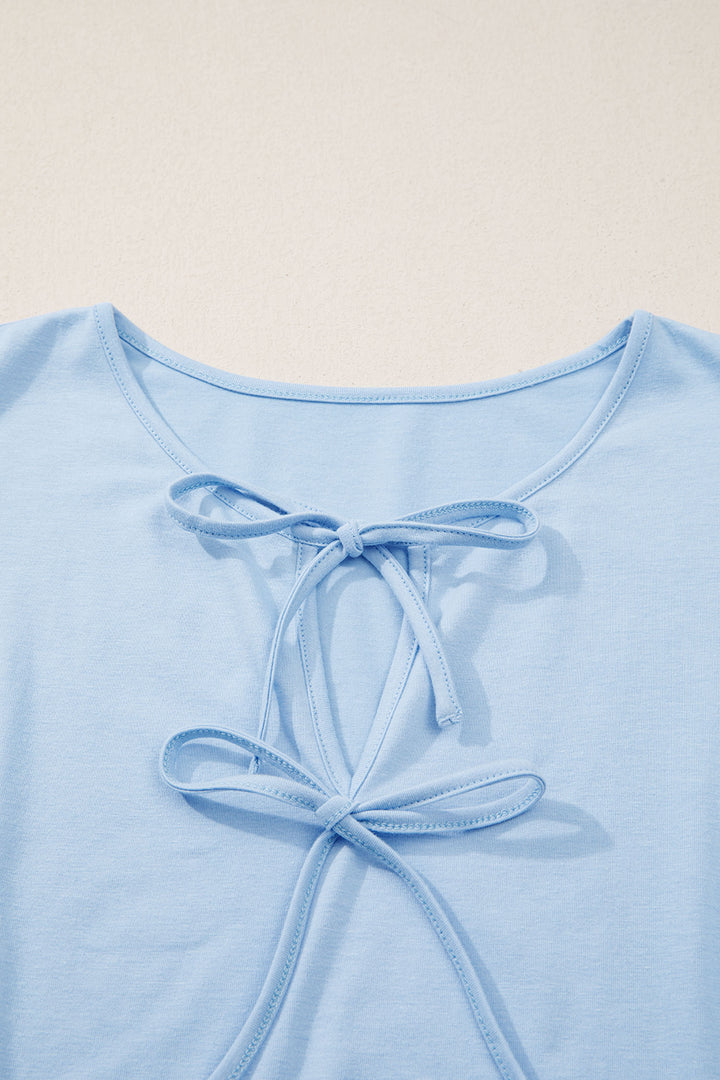 Beau Blue Plus Size Solid Color Bow Tie Peplum Tank Top
