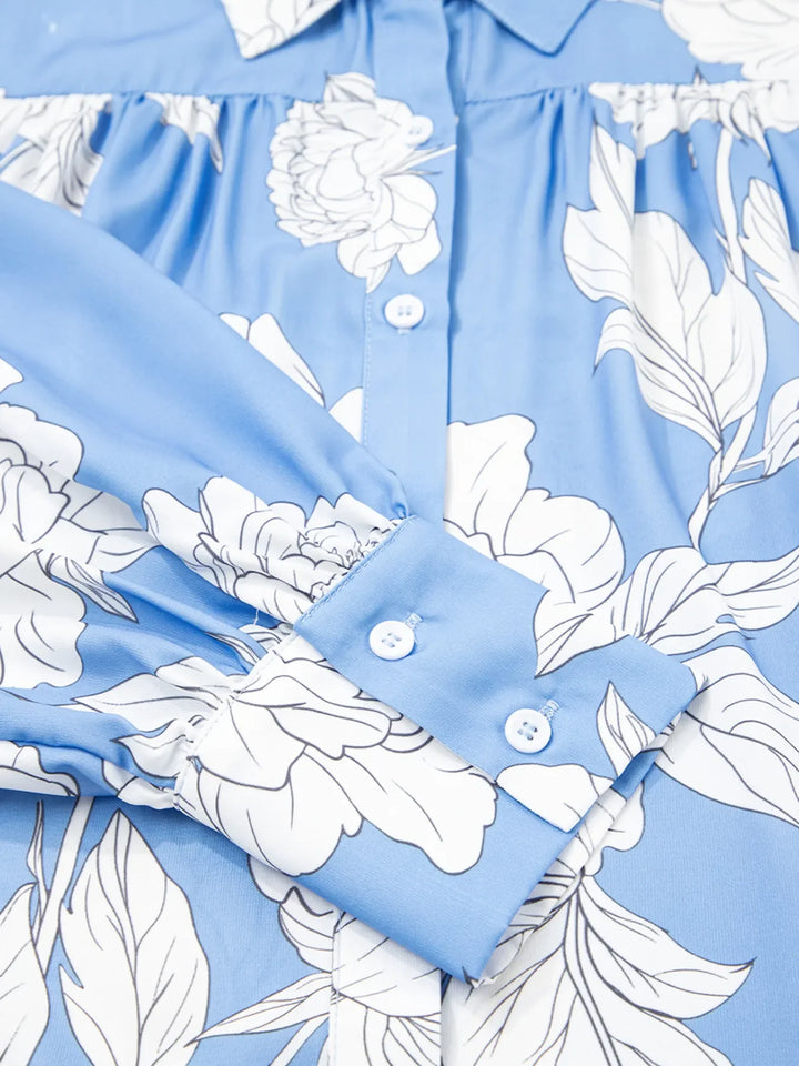 Floral Print Button Up Pleated Detail Puff Sleeve Shirt