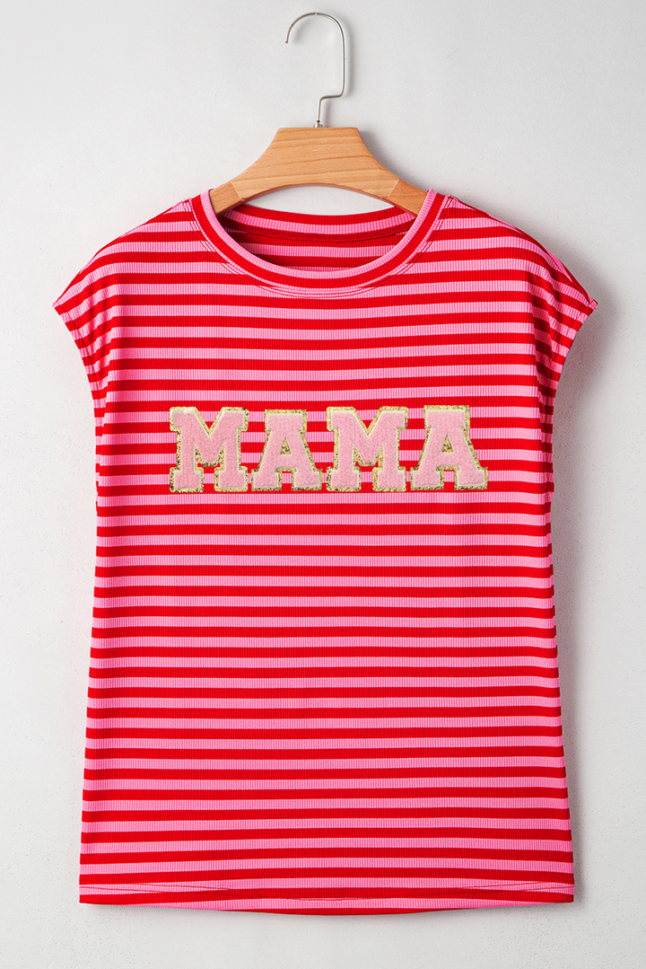 Red Stripe MAMA Graphic Cap Sleeve T Shirt