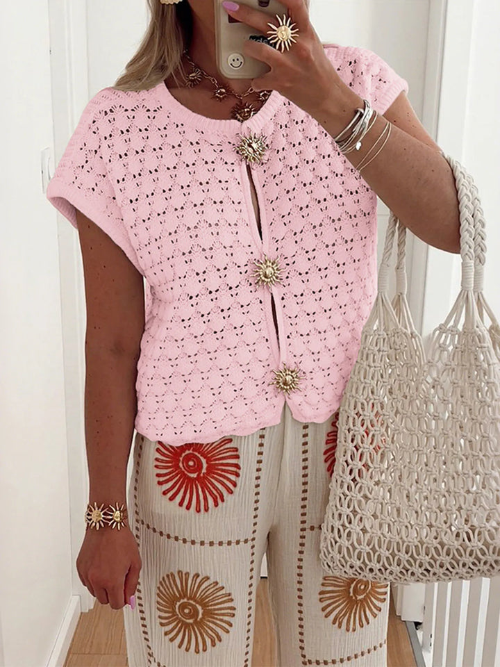 Crochet Short Sleeve Button Front Cardigan