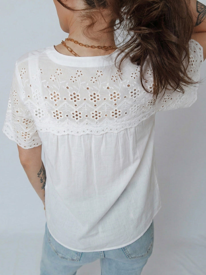 Flower Eyelet Embroidered Patchwork Sheer Short Sleeve Shirt