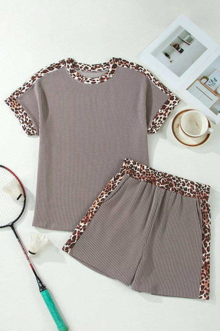 Leopard Trim Ribbed Knit Tee and Shorts Set