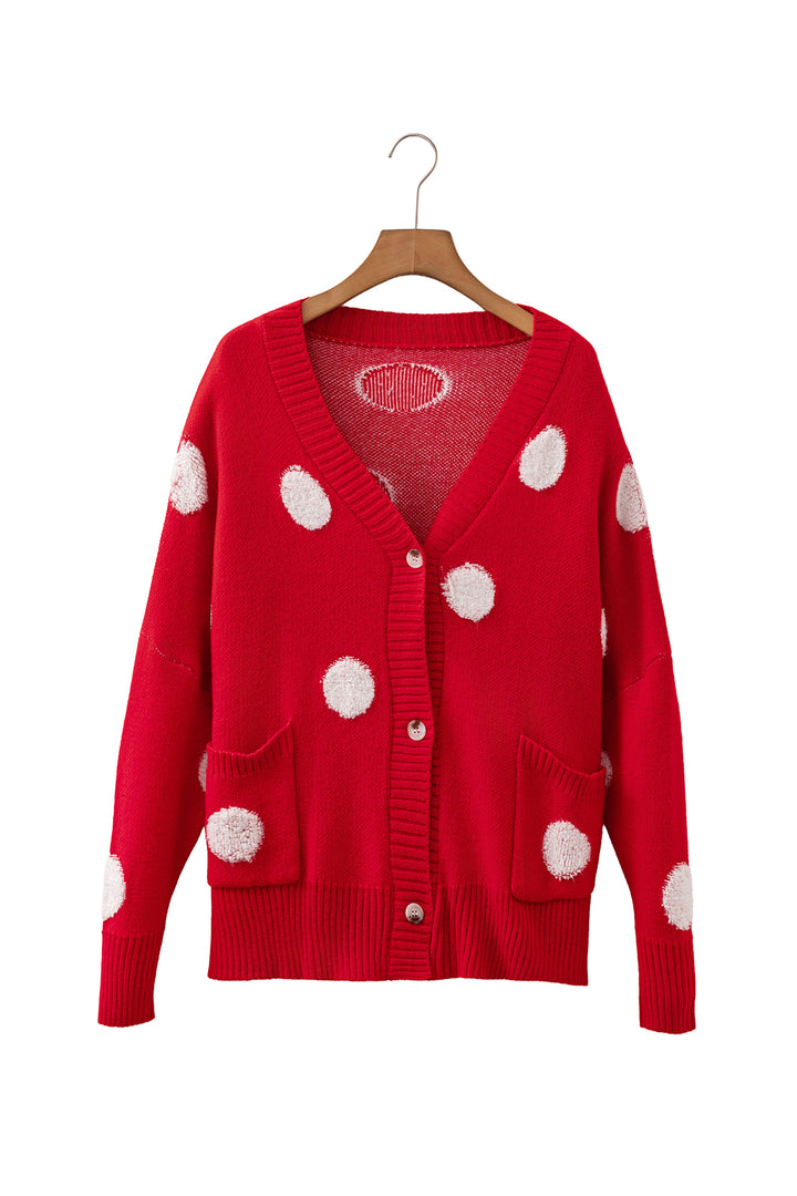 Beige Polka Dot Button Front Oversized V Neck Cardigan