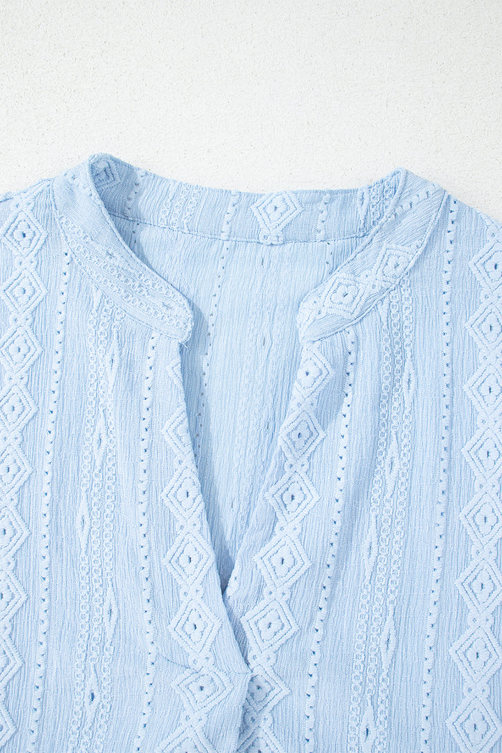 Beau Blue Jacquard Texture Flared Short Sleeve Notched Neck Mini Dress