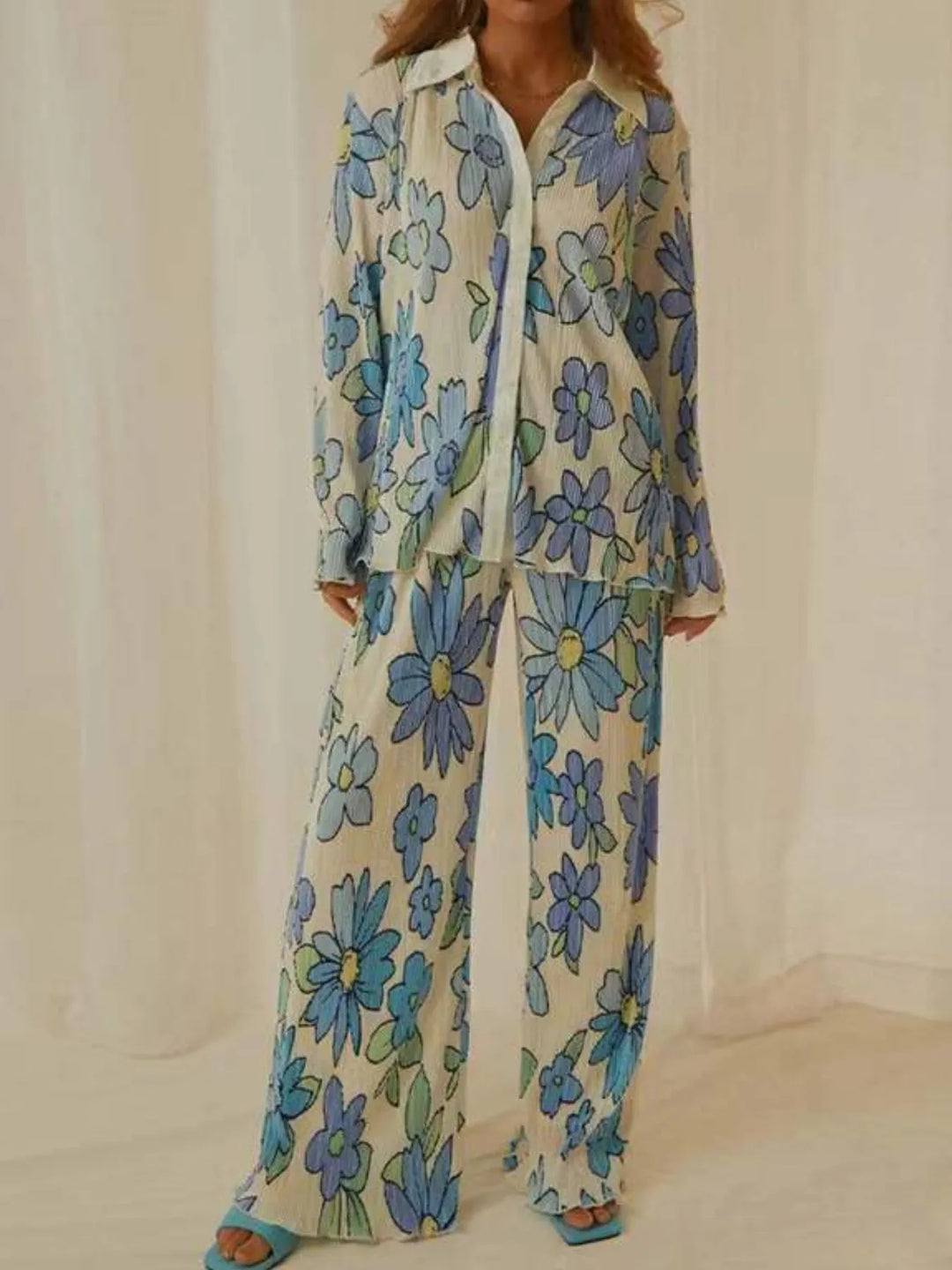 Printed Button Up Shirt and Pants Set