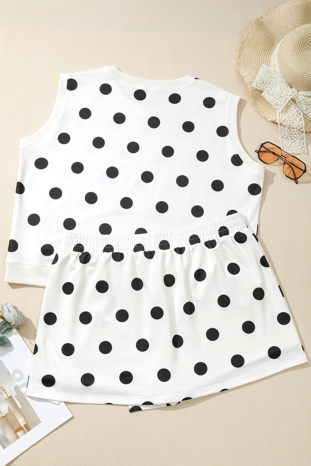 White Plus Size Polka Dot Printed Tank Split Skort 2pcs Outfit