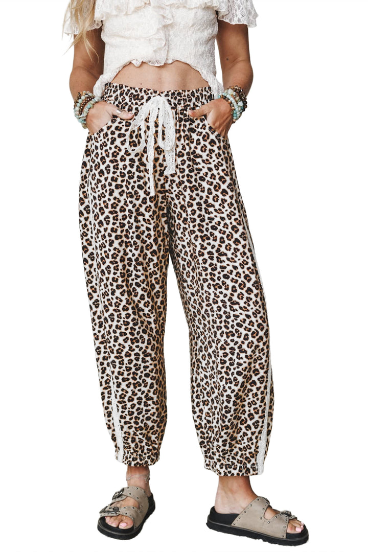 Black Leopard Print Ankle-Length Elastic Waist Pants