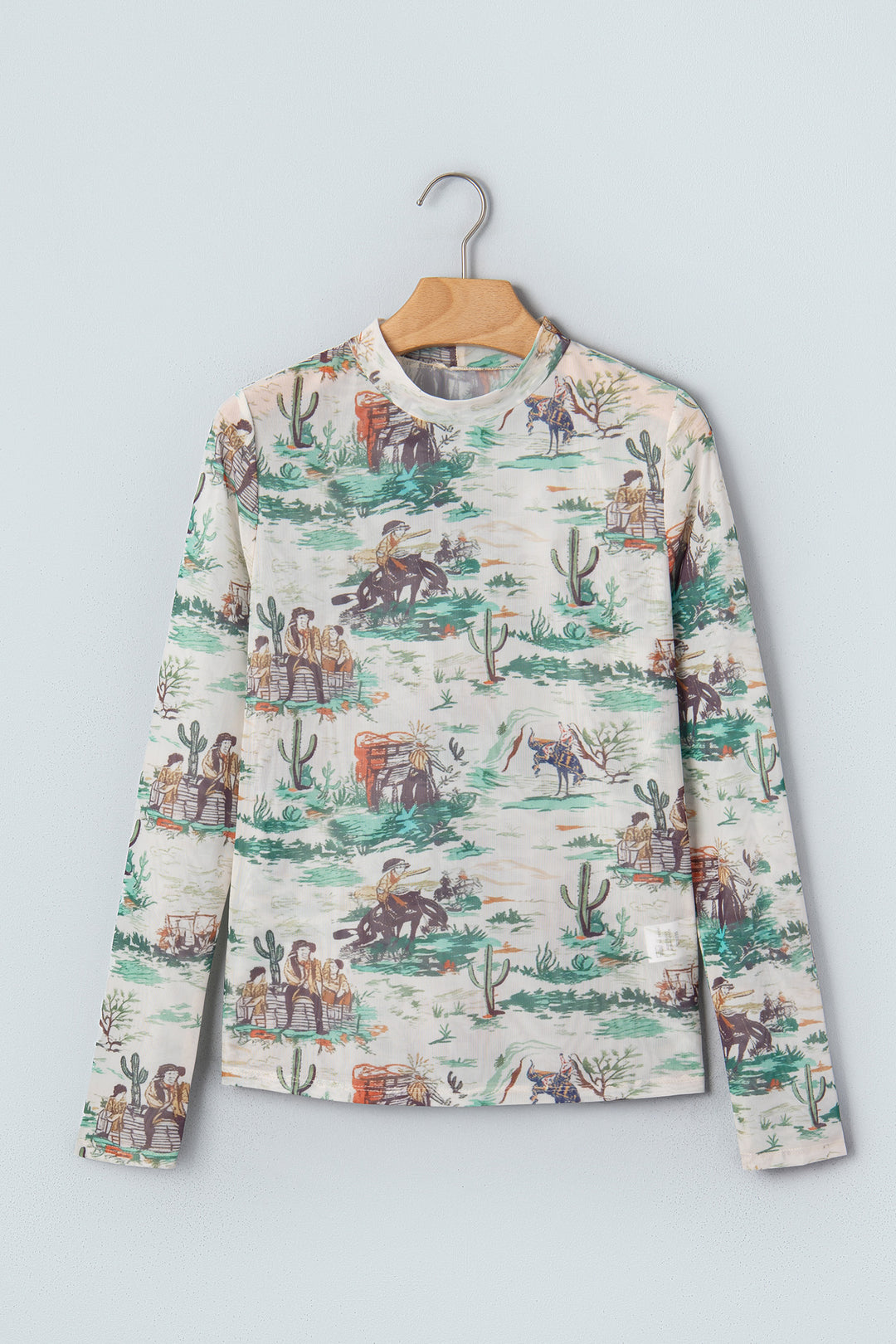 Green Western Print Long Sleeve Round Neck Slim Top