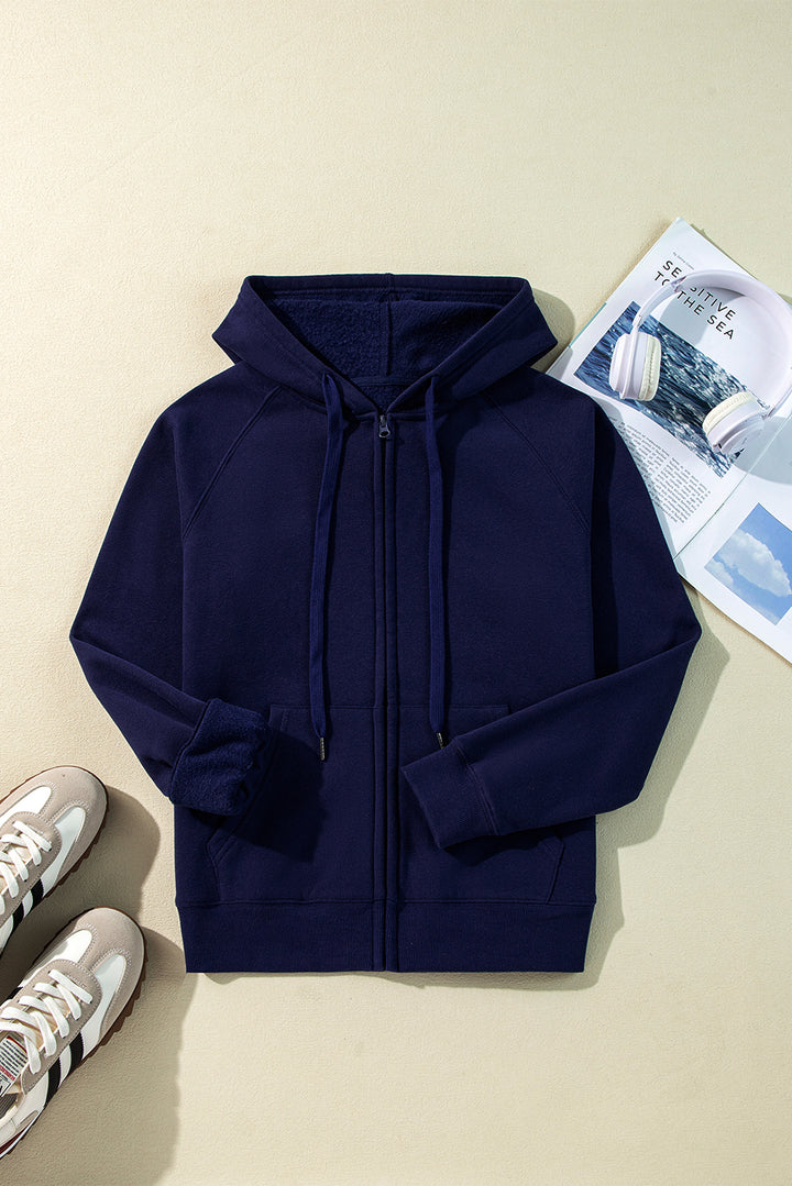 Sweat à capuche zippé doublé polaire bleu marine uni