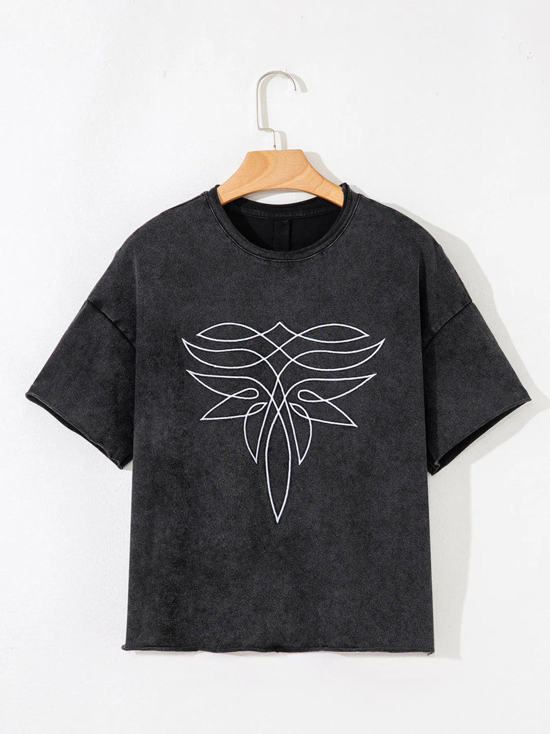 Floral Embroidered Mineral Wash Crew Neck T Shirt