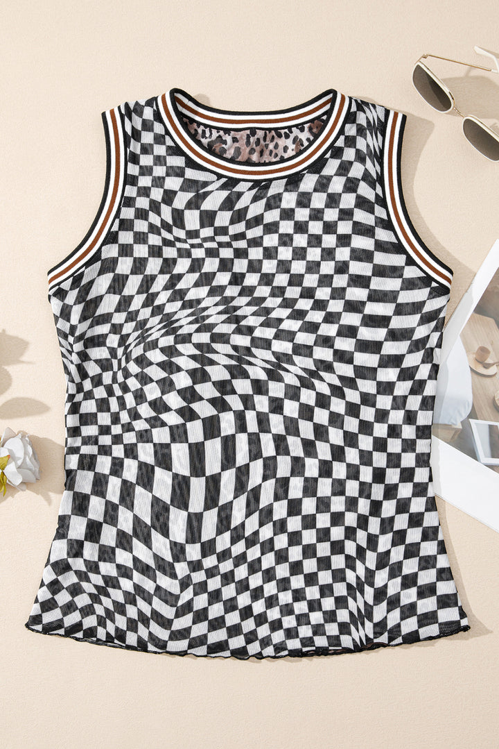 Multicolour Cheetah Checkered Dual Print Reversible Round Neck Mesh Tank Top