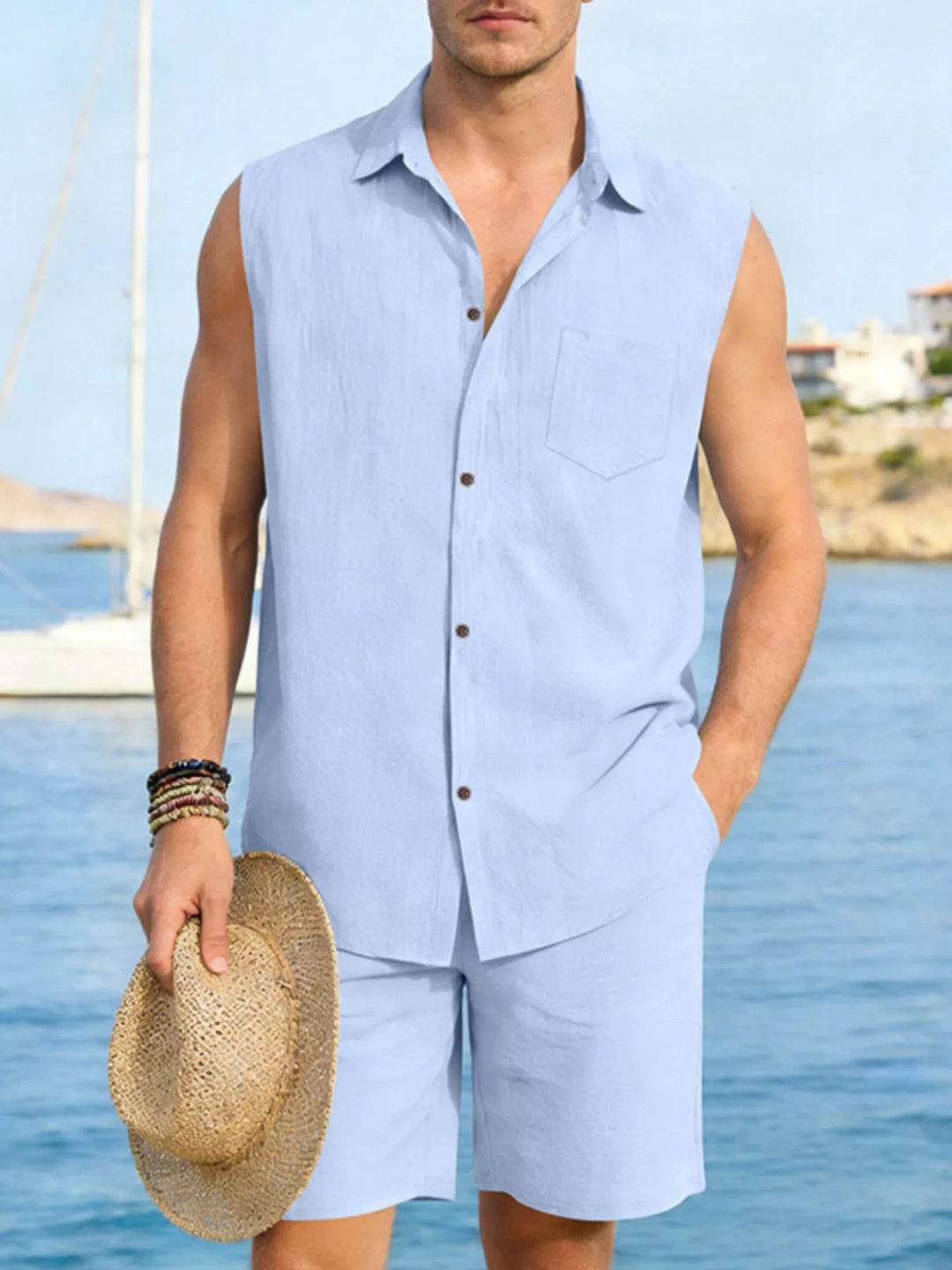 Men's Full Size Button Up Sleeveless Top and Shorts Plus Size