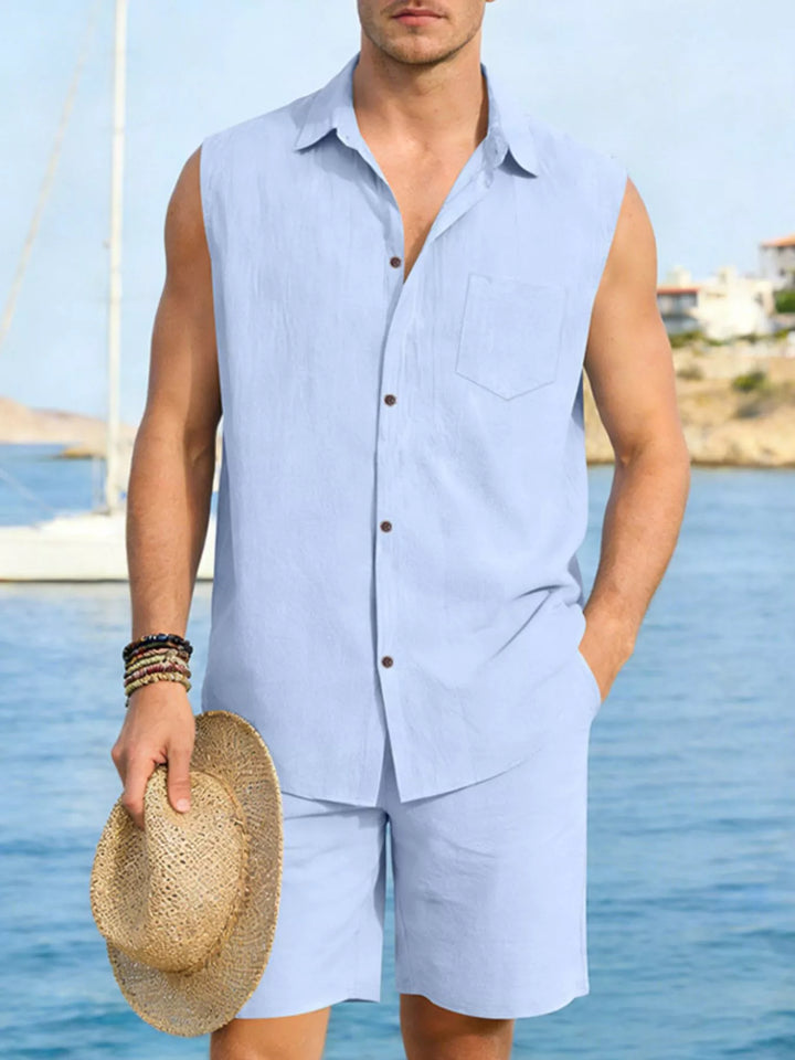 Men's Full Size Button Up Sleeveless Top and Shorts Plus Size