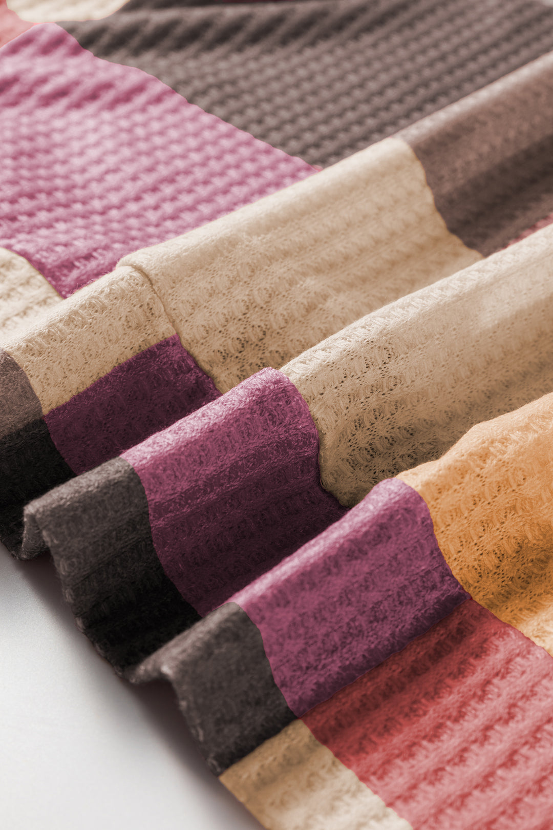 Rose Red Checkered Print Textured Knit Long Sleeve Loose Top