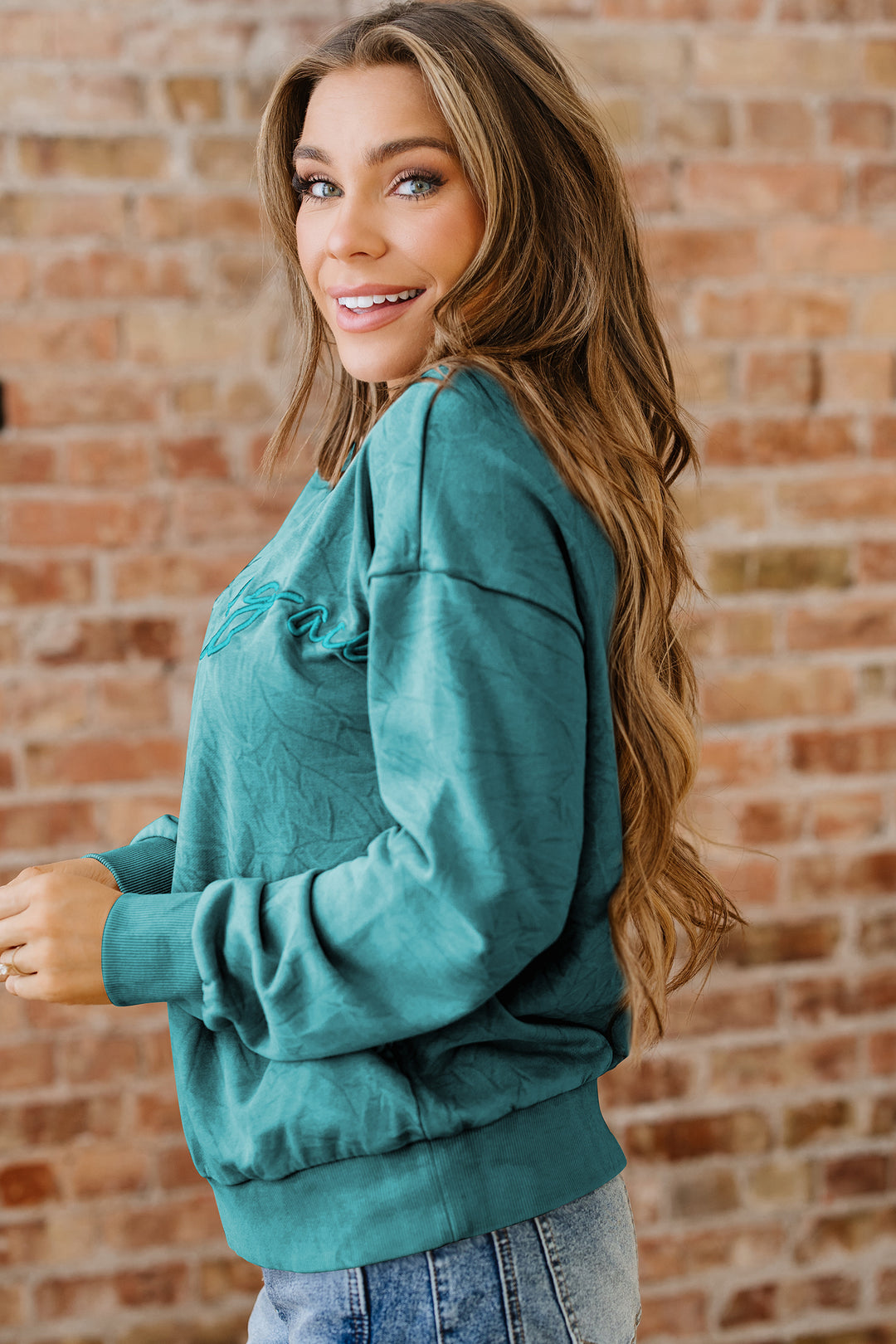 Sea Green saved by grace Letter Embroidery Mineral Wash Loose Sweatshirt