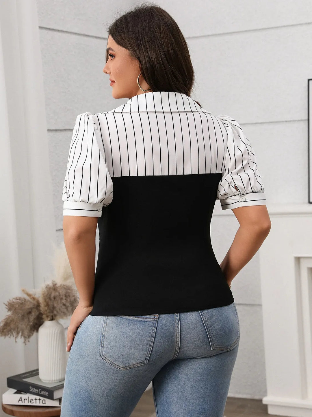 Plus Size Striped Johnny Collar Short Sleeve Blouse