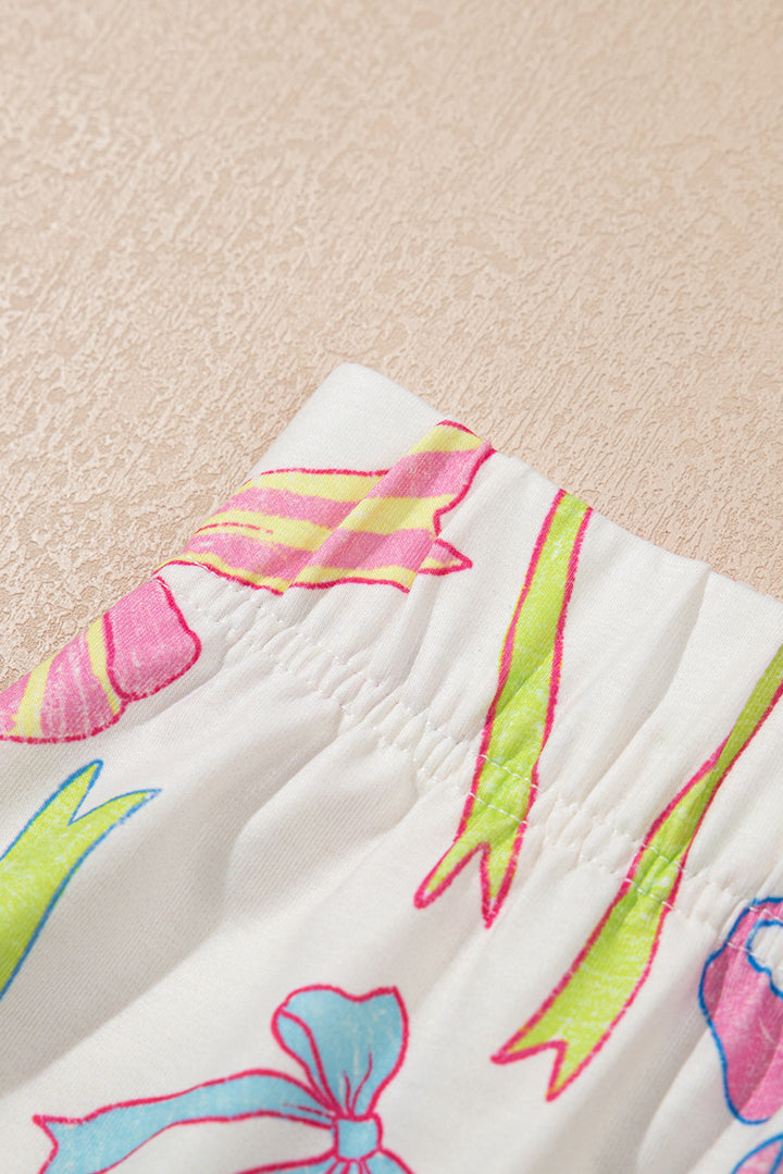 White Cheerful Bow Print Elastic Pull On Casual Shorts