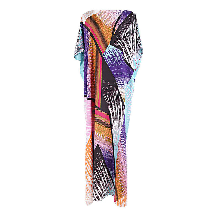 Colorful Floral Block Positioning Floral Robe Loose Maxi Dress Bikini Cover up Sun Protection Shirt Beach Vacation Dress