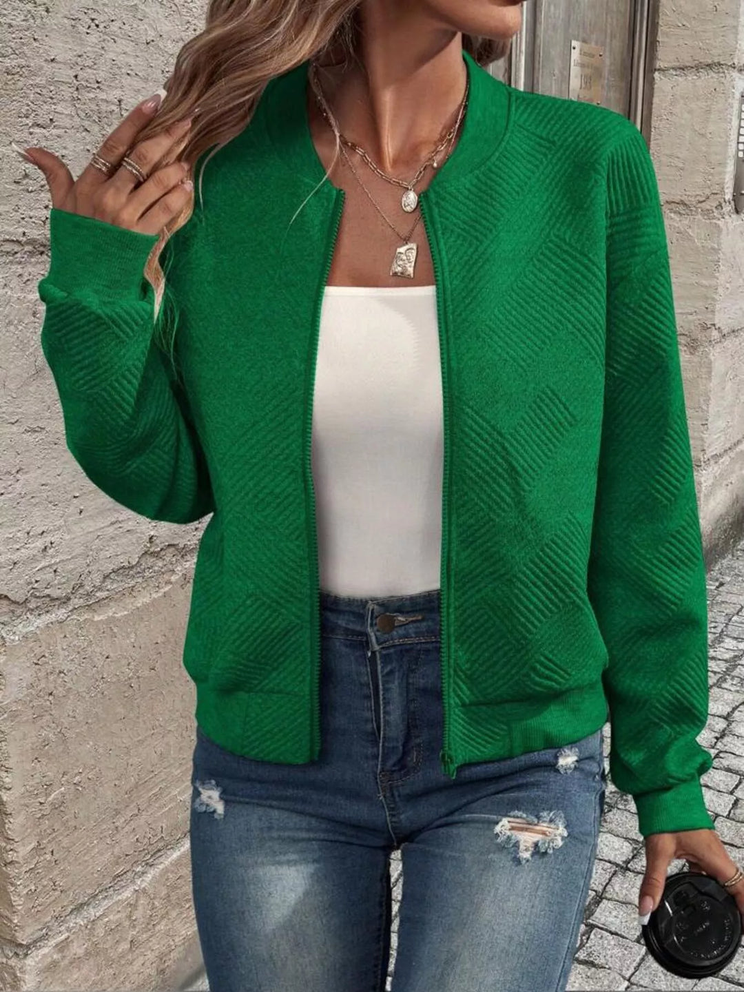 Zip-Up Textured Long Sleeve Jacket