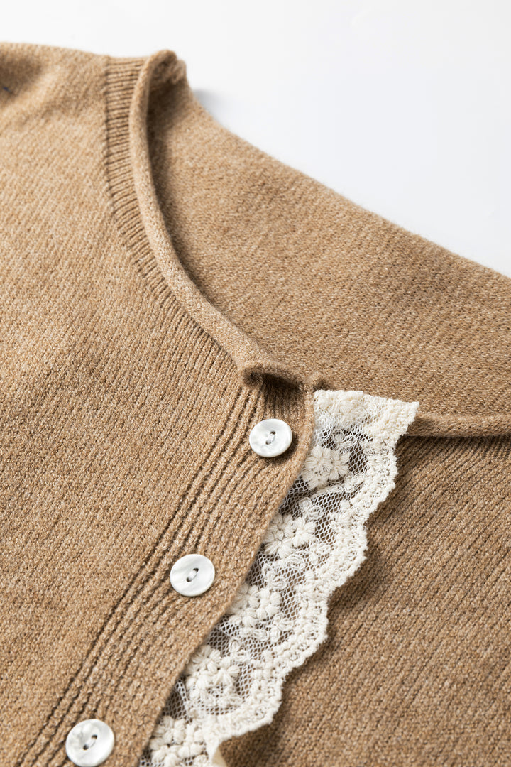Simply Taupe Contrast Frilled Lace Trim Loose Cardigan Sweater