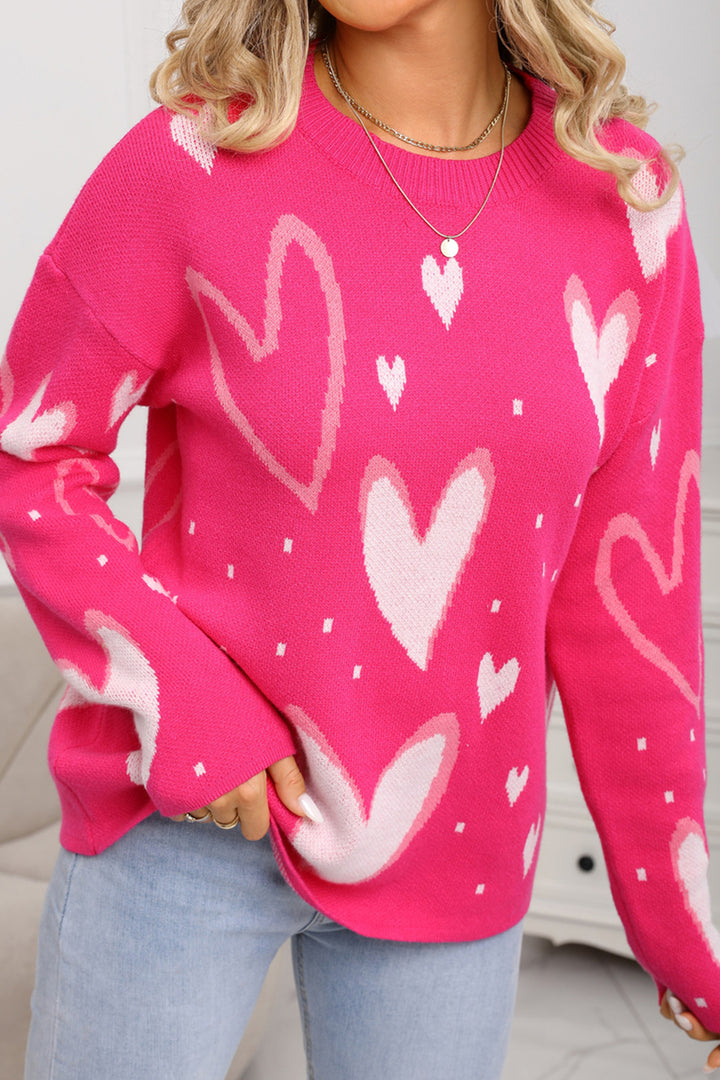 Rose Red Splendid Heart Print Valentines Day Sweater