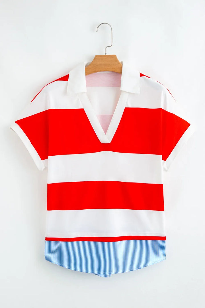Stripe Collar V Neck Cuffed Dolman Short Sleeve Top